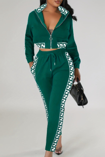 Ink Green Casual Geometric Print Pocket Patchwork Zipper Zipper Collar Long Sleeve Two Pieces