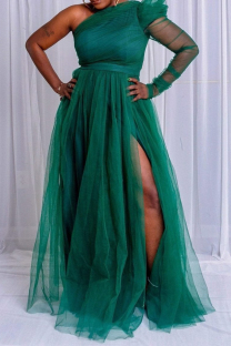 Ink Green Elegant Solid Color High Slit Mesh Oblique Collar Long Plus Size Dresses