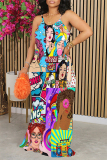 Blue Street Graffiti Print Contrast O Neck Printed Dresses