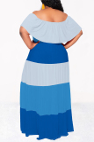 Blue Casual Floral Print Stripe Ruffle Contrast Off Shoulder Long Dresses