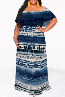 Blue Sexy Geometric Print Flowers Leopard Ruffle Contrast Off Shoulder Long Dresses