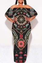 Black Street National Totem Print Ruffle Contrast Off Shoulder Long Dresses