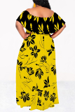 Blue Sexy Geometric Print Flowers Leopard Ruffle Contrast Off Shoulder Long Dresses