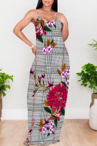 Grey Sexy Plaid Floral Print Contrast V Neck Printed Dresses