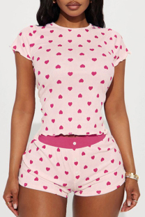 Pink Casual Heart Shaped Buttons Patchwork O Neck Short Sleeve Two Pieces