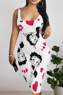 White Red Sexy Graffiti Print Cartoon Contrast U Neck Printed Dresses