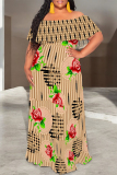 Blue Sexy Geometric Print Flowers Leopard Ruffle Contrast Off Shoulder Long Dresses