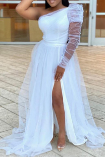 White Elegant Solid Color High Slit Mesh Oblique Collar Long Plus Size Dresses