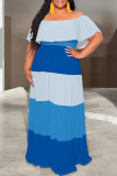Blue Casual Floral Print Stripe Ruffle Contrast Off Shoulder Long Dresses