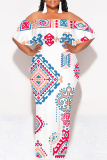 Peacock Blue Street National Totem Print Ruffle Contrast Off Shoulder Long Dresses