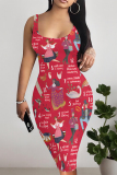 Rose Red Sexy Graffiti Print Cartoon Contrast U Neck Printed Dresses