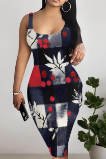 Black Red Casual Print Patchwork U Neck Wrapped Skirt Dresses
