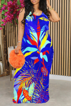 Deep Blue Sexy Floral Print Contrast O Neck Printed Dresses