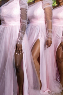 Pink Elegant Solid Color High Slit Mesh Oblique Collar Long Plus Size Dresses
