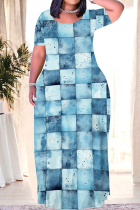 Baby Blue Casual Print Patchwork O Neck Long Plus Size Dresses