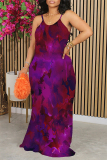 Purplish Blue Sexy Floral Print Contrast O Neck Printed Dresses