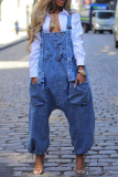 Blue Casual Solid Color Pocket Patchwork Loose Denim Jumpsuits