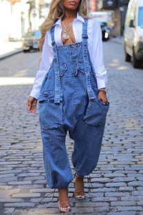 Blue Casual Solid Color Pocket Patchwork Loose Denim Jumpsuits