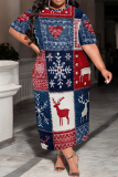 Blue Red Casual Print Patchwork O Neck Long Plus Size Dresses