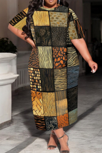 Multicolor Casual Print Patchwork O Neck Long Plus Size Dresses