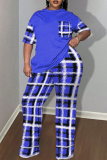 Deep Pink Casual Plaid Print See-Through O Neck Plus Size Two Pieces