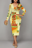 Light Khaki Casual Floral Print Ruched Contrast V Neck Printed Dresses