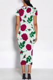 Black Elegant Floral Print Flowers Contrast O Neck Printed Short Sleeve Dress