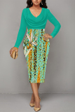 Light Khaki Casual Floral Print Ruched Contrast V Neck Printed Dresses