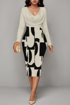 Light Beige Gray Casual Floral Print Ruched Contrast V Neck Printed Dresses