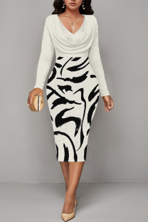 Cream White Casual Floral Print Ruched Contrast V Neck Printed Dresses