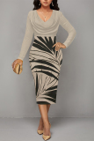 Light Khaki Casual Floral Print Ruched Contrast V Neck Printed Dresses