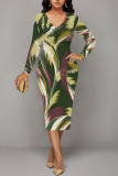 Light Khaki Casual Floral Print Ruched Contrast V Neck Printed Dresses