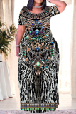 Khaki Casual National Totem Floral Print Pocket Contrast O Neck Printed Plus Size Dresses