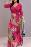 Green Elegant Floral Print Pocket With Belt Contrast V Neck Printed Dresses