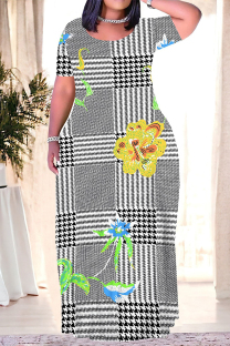 Yellow Casual Plaid Flowers Ombre Print Pocket Contrast O Neck Printed Plus Size Dresses