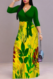 Green Elegant Floral Print Pocket With Belt Contrast V Neck Printed Dresses
