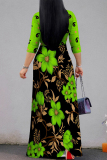 Green Elegant Floral Print Pocket With Belt Contrast V Neck Printed Dresses