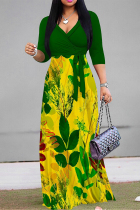 Green Yellow Elegant Floral Print Pocket With Belt Contrast V Neck Printed Dresses
