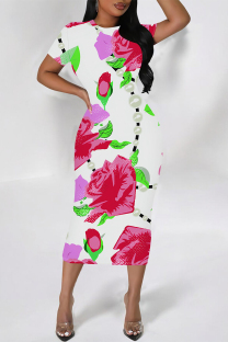 Fuchsia Elegant Floral Print Flowers Contrast O Neck Printed Short Sleeve Dress