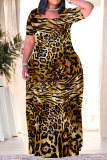 Burgundy Casual Leopard Print Tiger Stripes Pocket Contrast O Neck Printed Plus Size Dresses