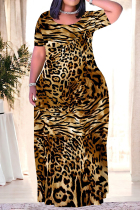 Yellow Brown Casual Leopard Print Tiger Stripes Pocket Contrast O Neck Printed Plus Size Dresses