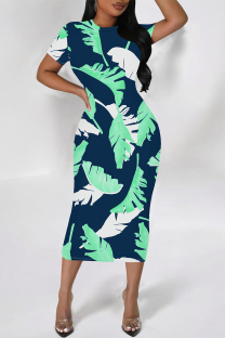 Navy Blue Elegant Floral Print Flowers Contrast O Neck Printed Short Sleeve Dress