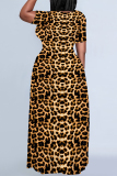 Burgundy Casual Leopard Print Tiger Stripes Pocket Contrast O Neck Printed Plus Size Dresses