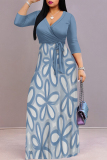 Green Elegant Floral Print Pocket With Belt Contrast V Neck Printed Dresses