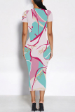 Pink Elegant Floral Print Gradient Contrast O Neck Printed Short Sleeve Dress