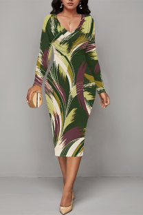 Green Casual Floral Print Ruched Contrast V Neck Printed Dresses