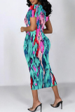 Pink Elegant Floral Print Gradient Contrast O Neck Printed Short Sleeve Dress