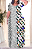 Black And White Casual Plaid Flowers Ombre Print Pocket Contrast O Neck Printed Plus Size Dresses