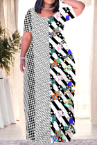 Black And White Casual Plaid Flowers Ombre Print Pocket Contrast O Neck Printed Plus Size Dresses