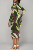 Light Khaki Casual Floral Print Ruched Contrast V Neck Printed Dresses